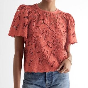 EXPRESS Embroidered/Lace Top Short Puff sleeves Lined Apricot /Orange Size M NWT